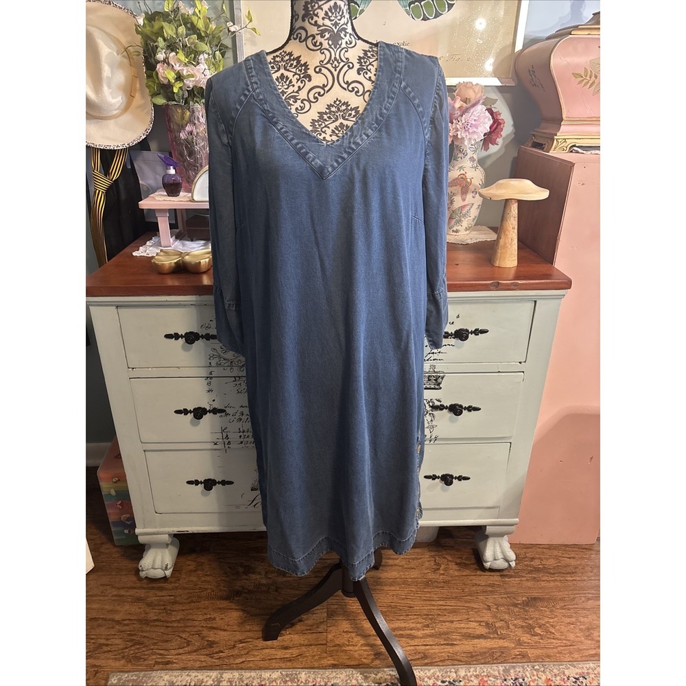 Soft Surroundings Women Positano‎ Chambray Denim Dress Large Casual Comfy Soft